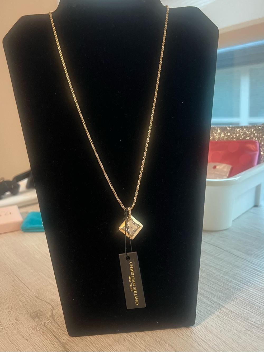Christian Siriano Gold-Tone Necklace with Square Clear Crystal Pendant